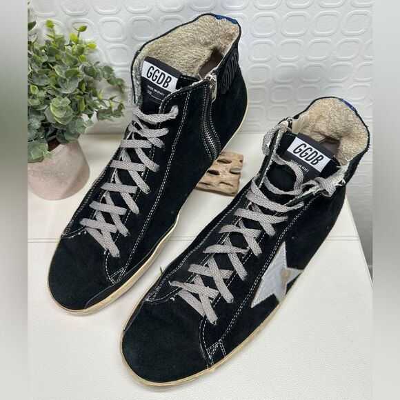 Golden Goose Francy Black Suede High-Tops  Silver Star Blue heel tab Size 13 - Picture 1 of 16
